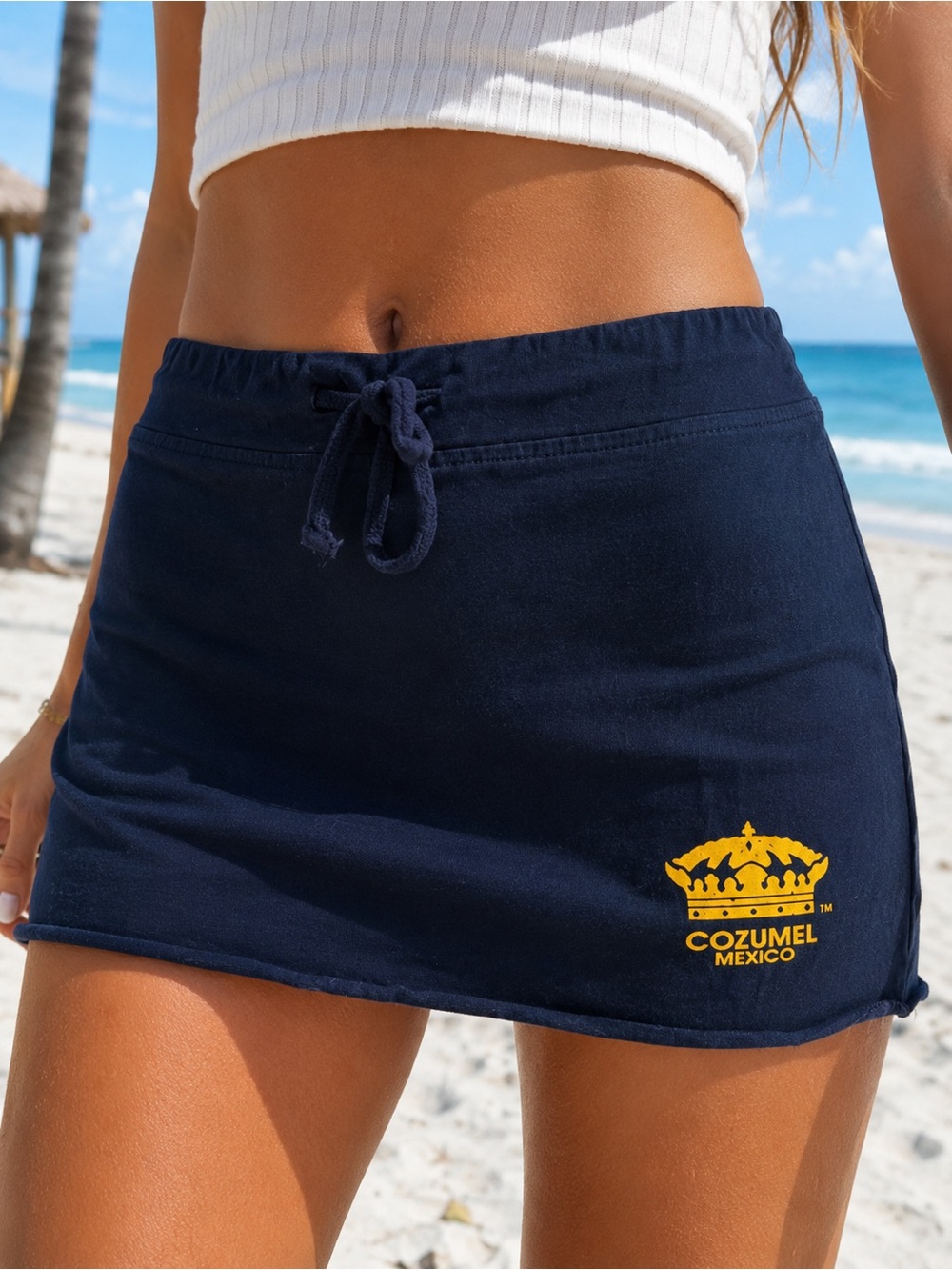 CORONA EXTRA Y2K Mini Skirt Beach Cover Up Cozumel Mexico Navy Blue Yellow GUC